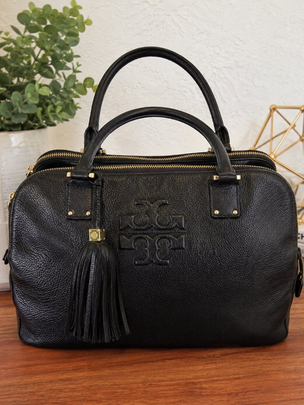 Tory Burch Black Pebbled Leather Satchel Double Zip Tassel Gold Hardware